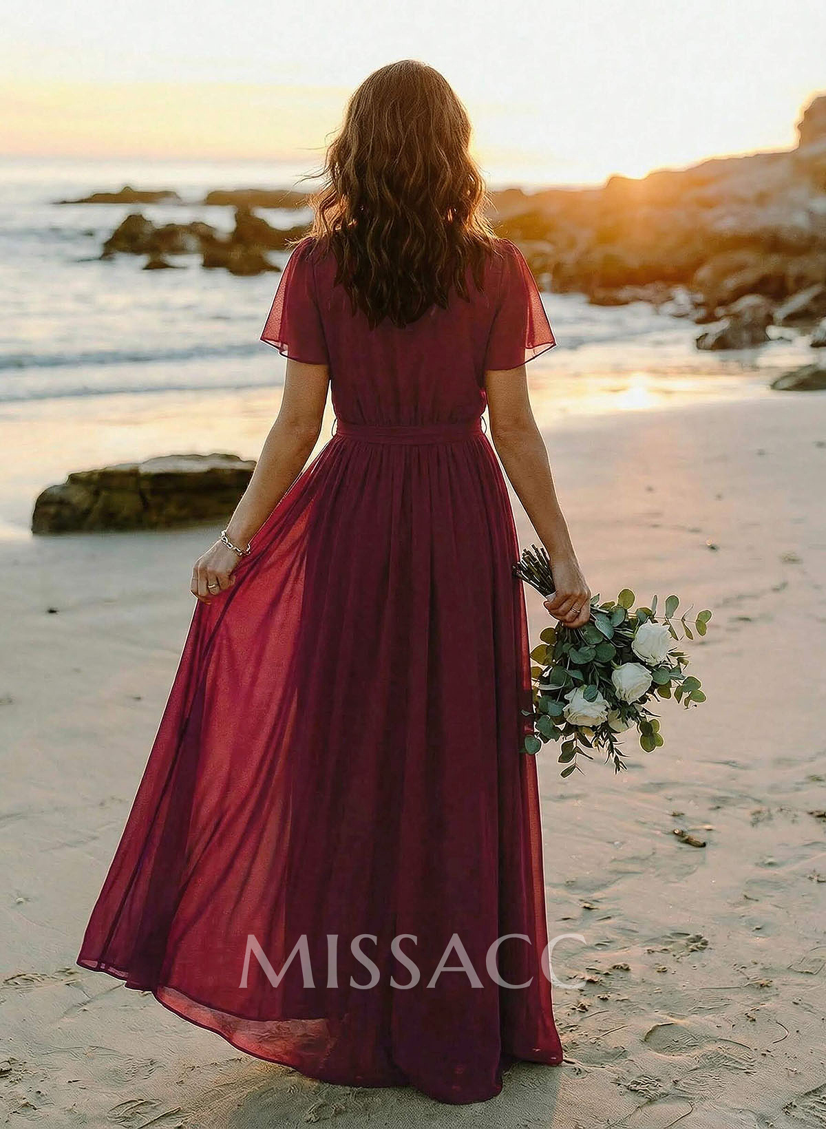 A-Line V-Neck Short Sleeves Chiffon Floor-Length Bridesmaid Dress With Bow(s) A-Line V-Neck Short Sleeves Chiffon Floor-Length Bridesmaid Dress With Bow(s)