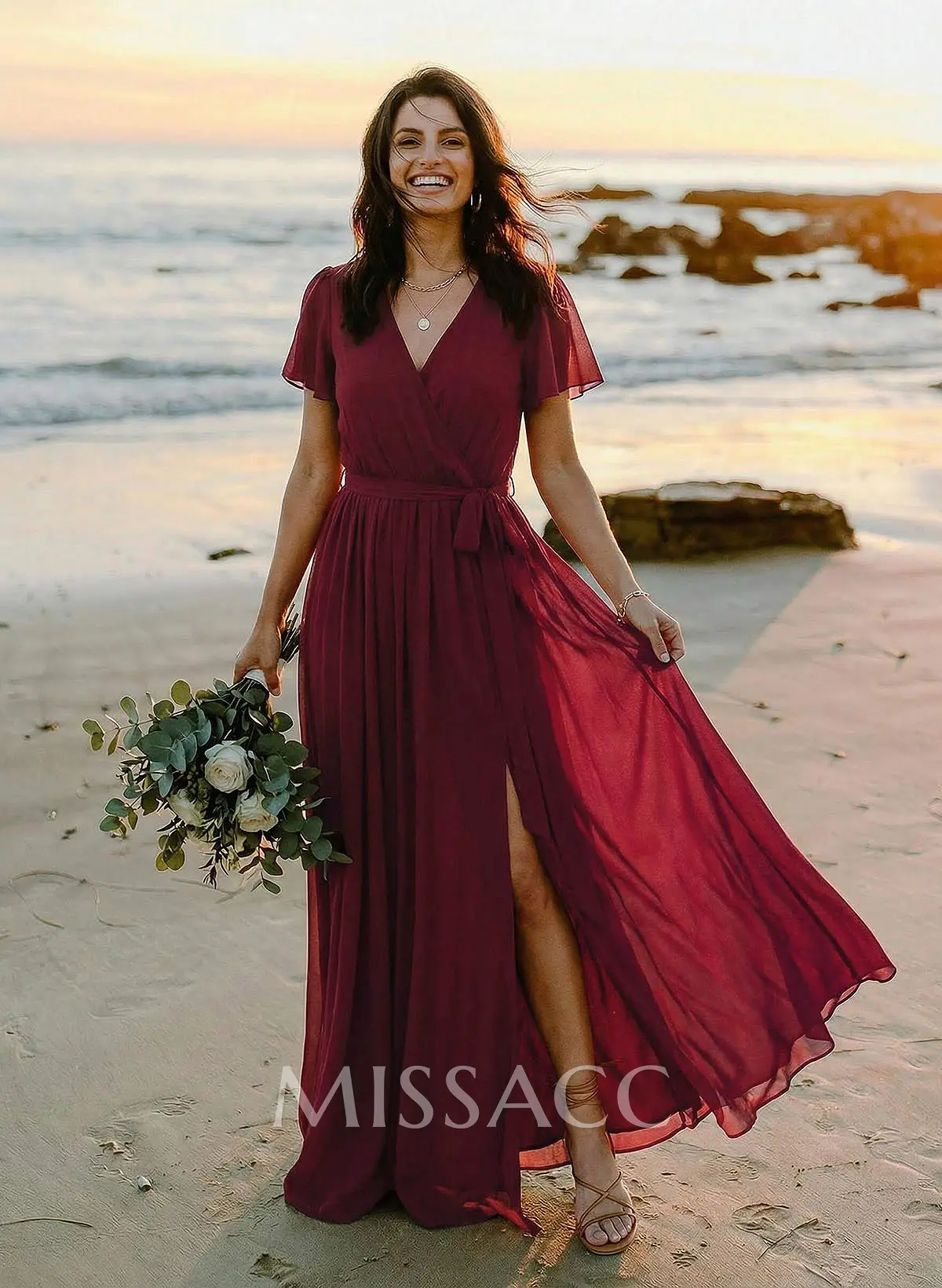 A-Line V-Neck Short Sleeves Chiffon Floor-Length Bridesmaid Dress With Bow(s)  - Missacc