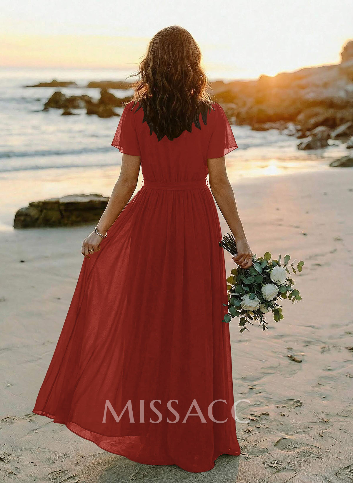 A-Line V-Neck Short Sleeves Chiffon Floor-Length Bridesmaid Dress With Bow(s) A-Line V-Neck Short Sleeves Chiffon Floor-Length Bridesmaid Dress With Bow(s)