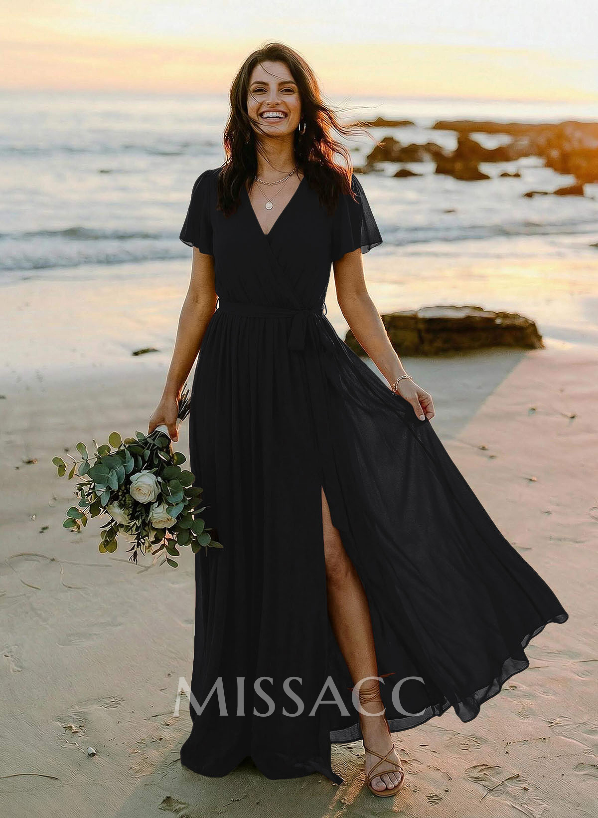 A-Line V-Neck Short Sleeves Chiffon Floor-Length Bridesmaid Dress With Bow(s)