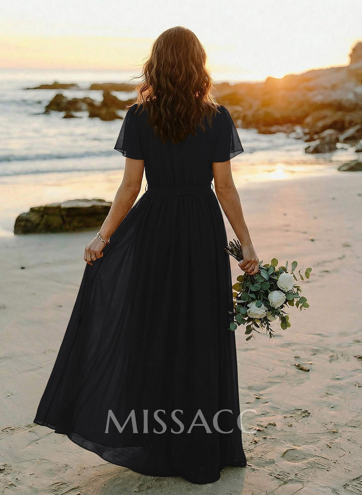 A-Line V-Neck Short Sleeves Chiffon Floor-Length Bridesmaid Dress With Bow(s)