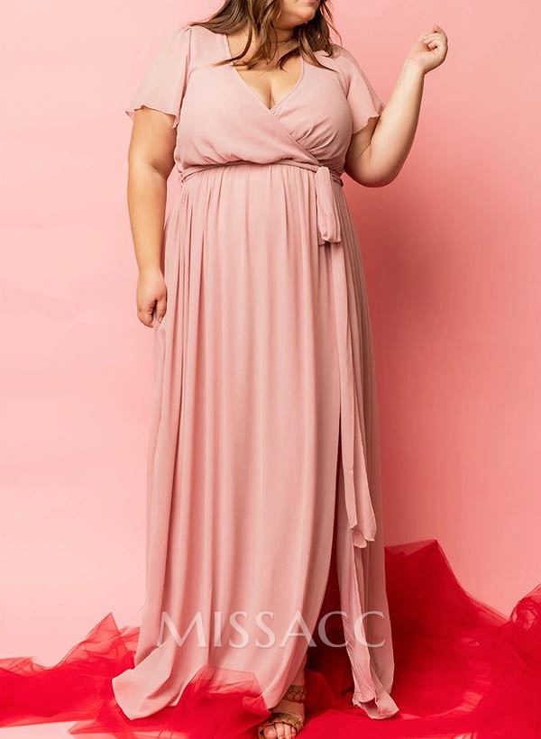 A-Line V-Neck Short Sleeves Chiffon Floor-Length Bridesmaid Dress With Bow(s) A-Line V-Neck Short Sleeves Chiffon Floor-Length Bridesmaid Dress With Bow(s)