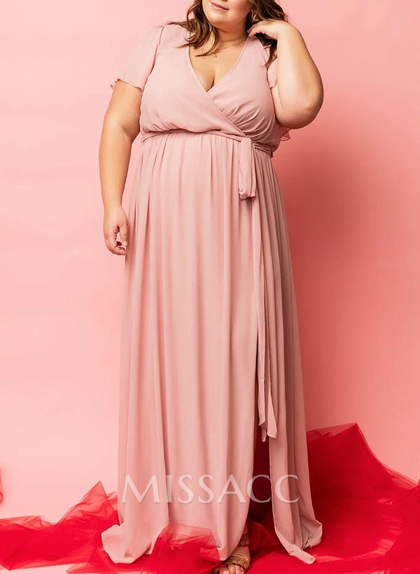 A-Line V-Neck Short Sleeves Chiffon Floor-Length Bridesmaid Dress With Bow(s) A-Line V-Neck Short Sleeves Chiffon Floor-Length Bridesmaid Dress With Bow(s)