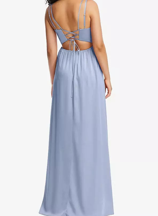A-Line V-neck Sleeveless Satin Floor-Length Bridesmaid Dress With Split Front