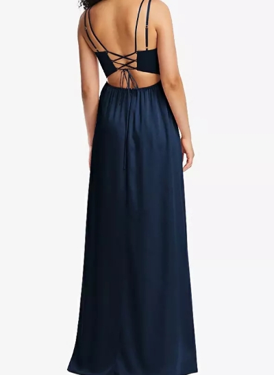 A-Line V-Neck Sleeveless Floor-Length Silk Like Satin Bridesmaid Dresses