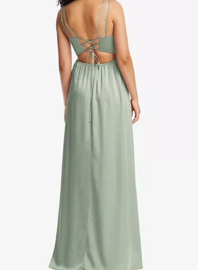 A-Line V-Neck Sleeveless Floor-Length Silk Like Satin Bridesmaid Dresses