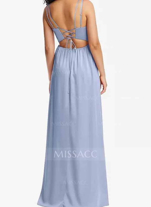 A-Line V-Neck Sleeveless Floor-Length Silk Like Satin Bridesmaid Dresses