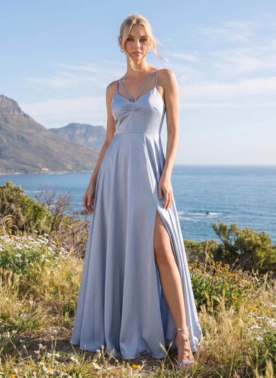 A-Line V-Neck Sleeveless Floor-Length Silk Like Satin Bridesmaid Dresses
