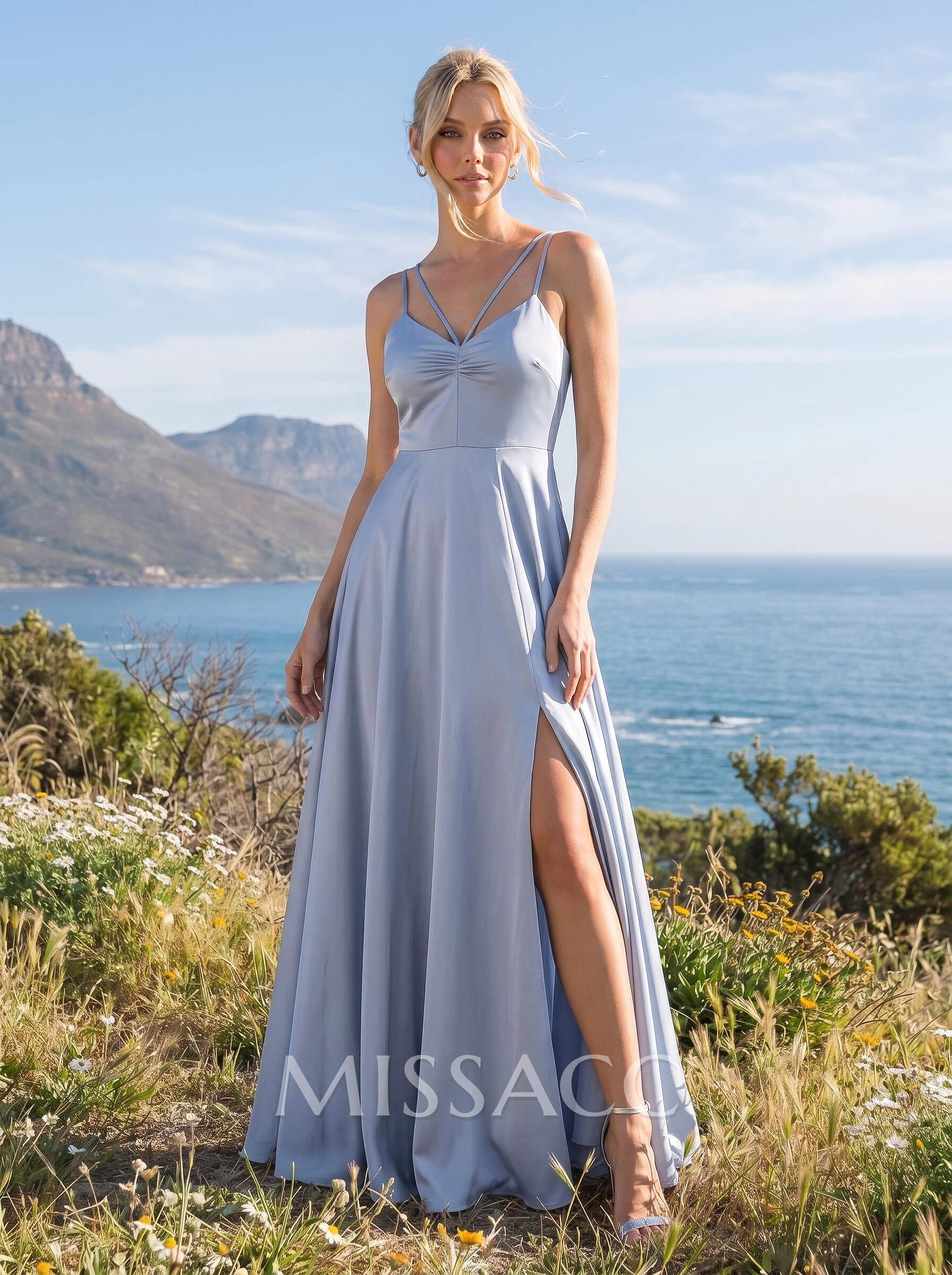 A-Line V-Neck Sleeveless Floor-Length Silk Like Satin Bridesmaid Dresses