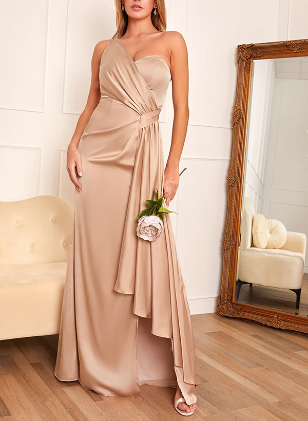 Sheath/Column One-Shoulder Floor-Length Satin Bridesmaid Dress With Split Front