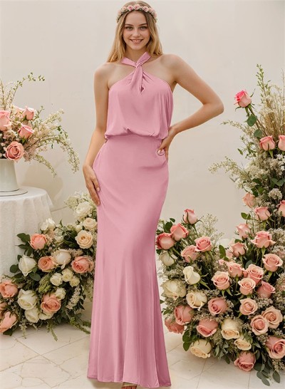 Sheath/Column Halter Floor-Length Bridesmaid Dress