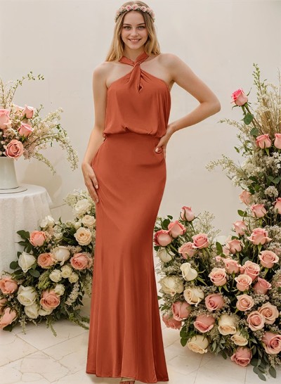 Sheath/Column Halter Floor-Length Bridesmaid Dress