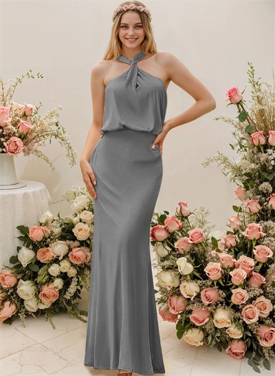 Sheath/Column Halter Floor-Length Bridesmaid Dress