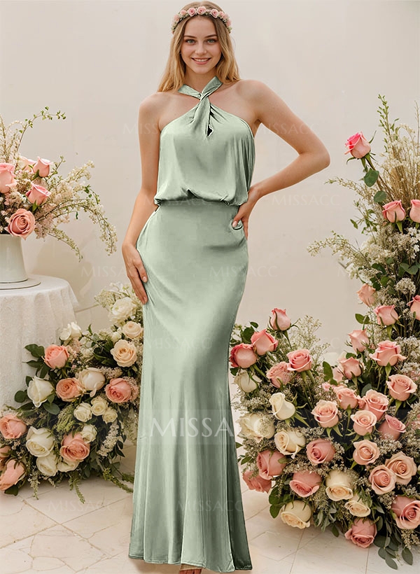 Sheath/Column Halter Floor-Length Bridesmaid Dress