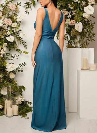 Sheath/Column V-Neck Floor-Length Satin Bridesmaid Dress