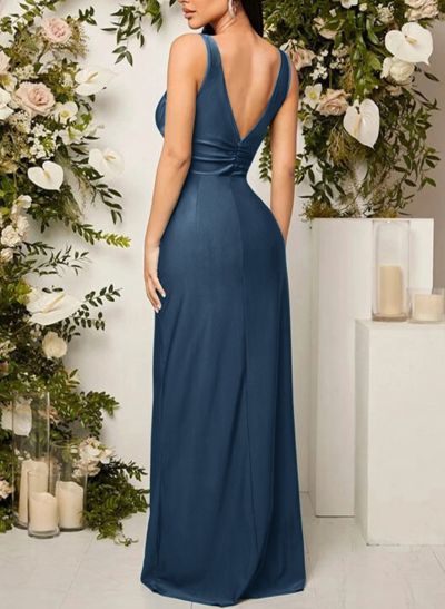 Sheath/Column V-Neck Floor-Length Silk Like Satin Bridesmaid Dress