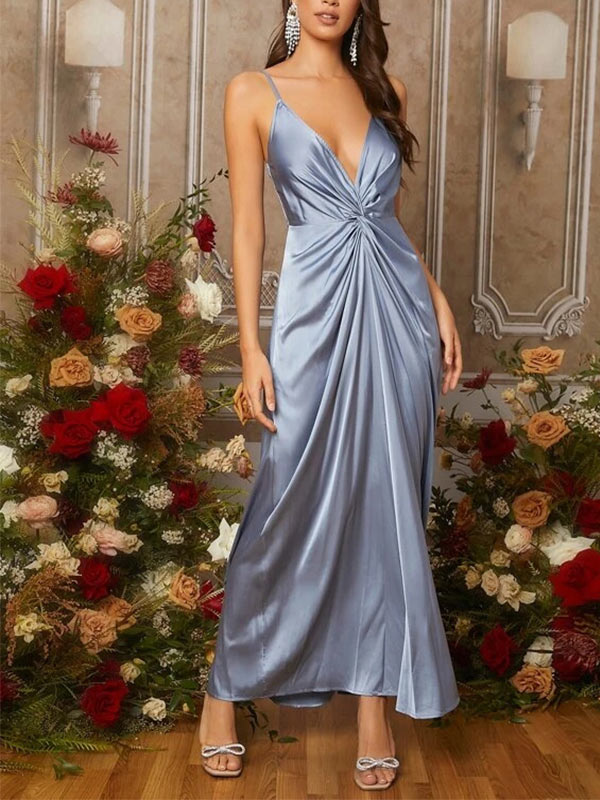 A-Line V-Neck Floor-Length Satin Bridesmaid dress 
