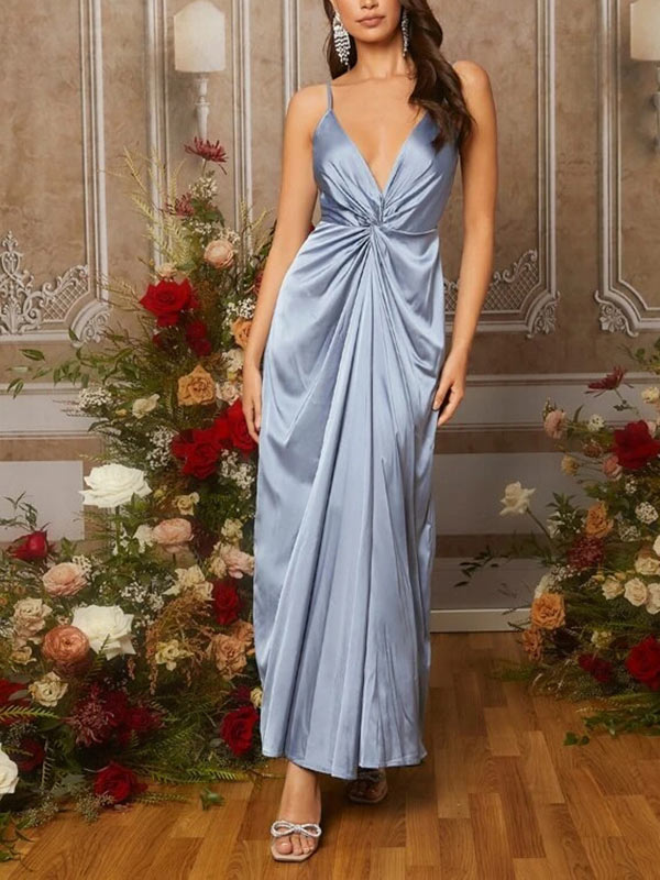 A-Line V-Neck Floor-Length Silk Like Satin Bridesmaid Dress