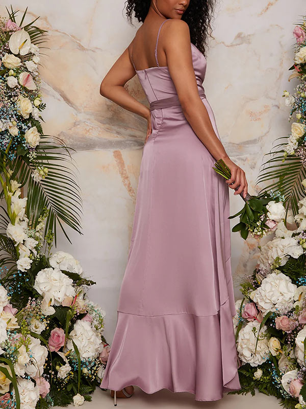 A-Line V-Neck Floor-Length Satin Bridesmaid Dress With Ruffles