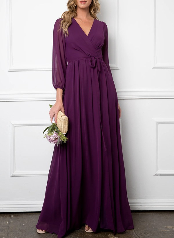 Robe de demoiselle d'honneur élégante A-ligne à manches longues avec longue traîne