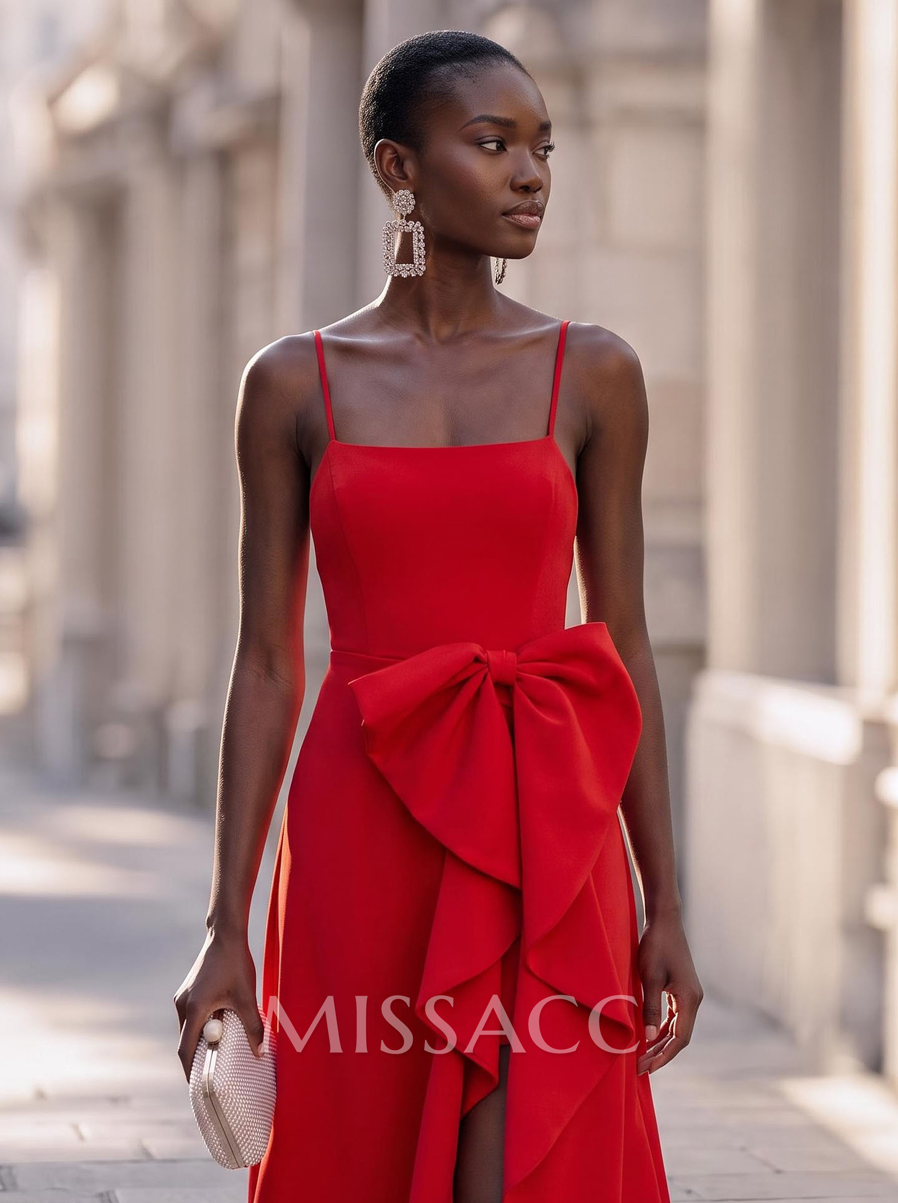 A-Line Square Neckline Sleeveless Asymmetrical Elastic Satin Cocktail Dresses With Bow