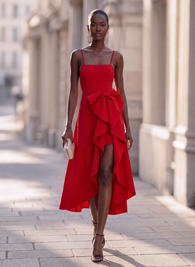 A-Line Square Neckline Sleeveless Asymmetrical Elastic Satin Cocktail Dresses With Bow