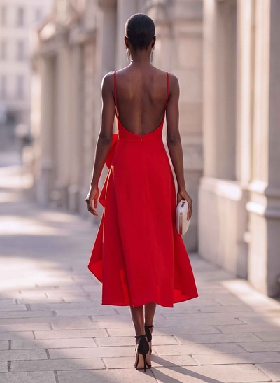 A-Line Square Neckline Sleeveless Asymmetrical Elastic Satin Cocktail Dresses With Bow