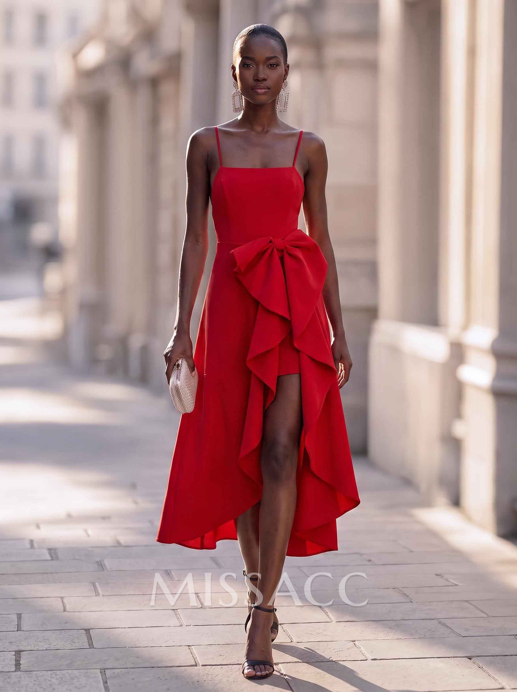 A-Line Square Neckline Sleeveless Asymmetrical Elastic Satin Cocktail Dresses With Bow