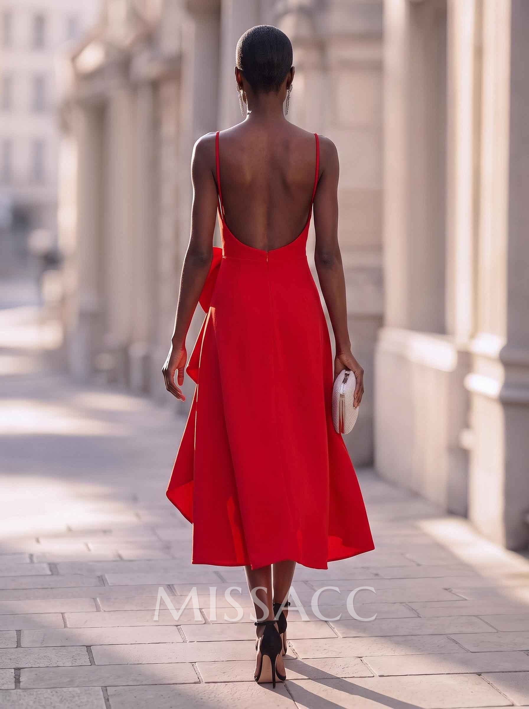 A-Line Square Neckline Sleeveless Asymmetrical Elastic Satin Cocktail Dresses With Bow