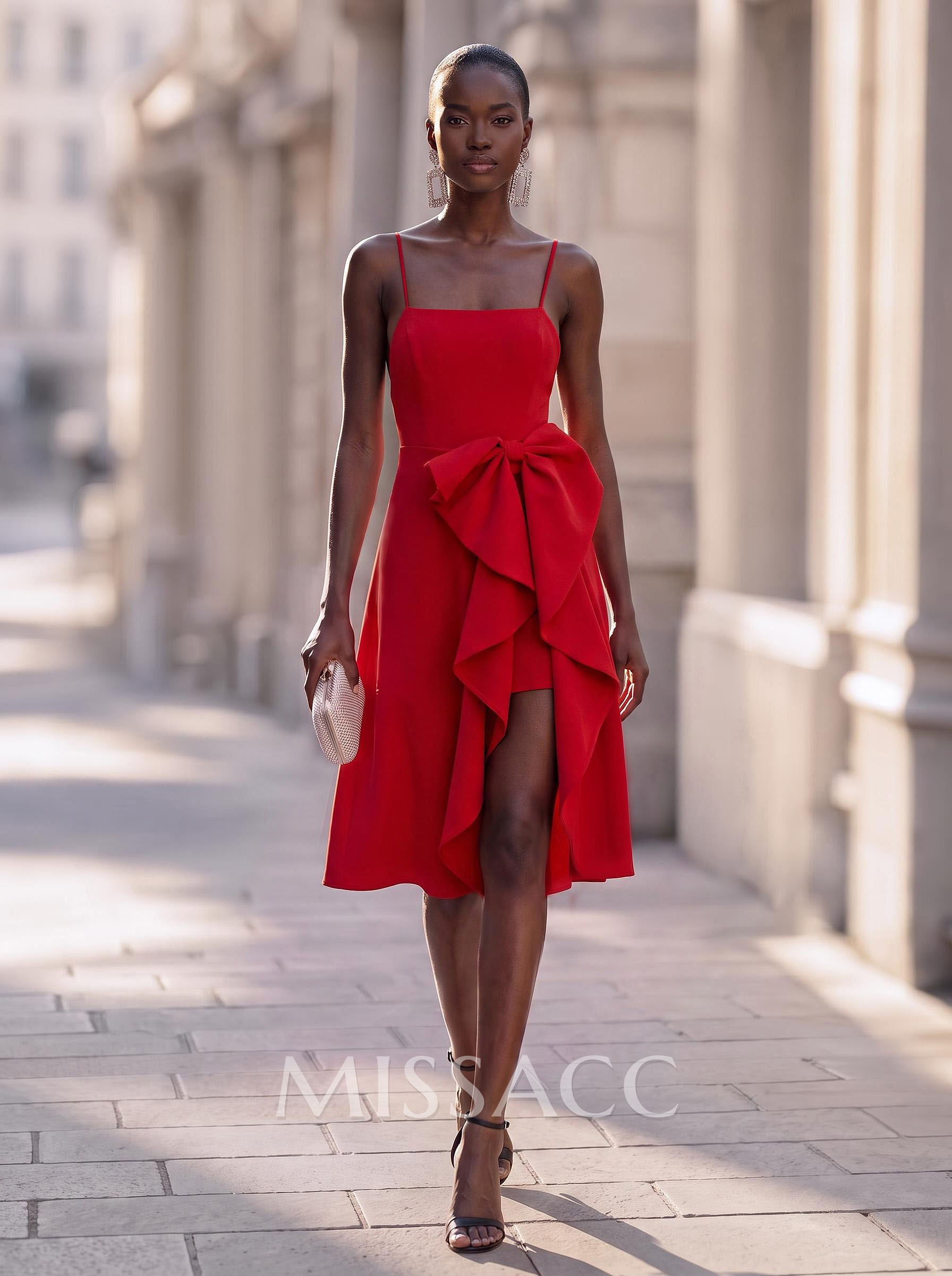 A-Line Square Neckline Sleeveless Asymmetrical Stretch Satin Cocktail Dress With Bow