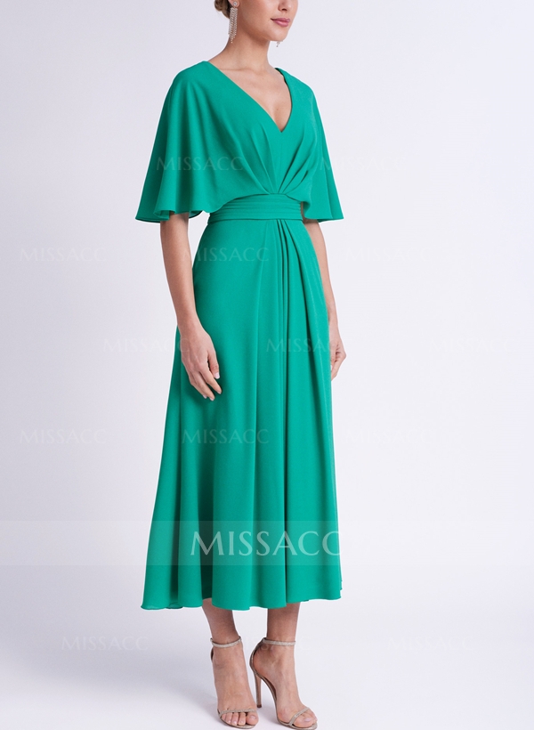 Wrap A-Line Tea-Length Cocktail Dresses With Ruffle