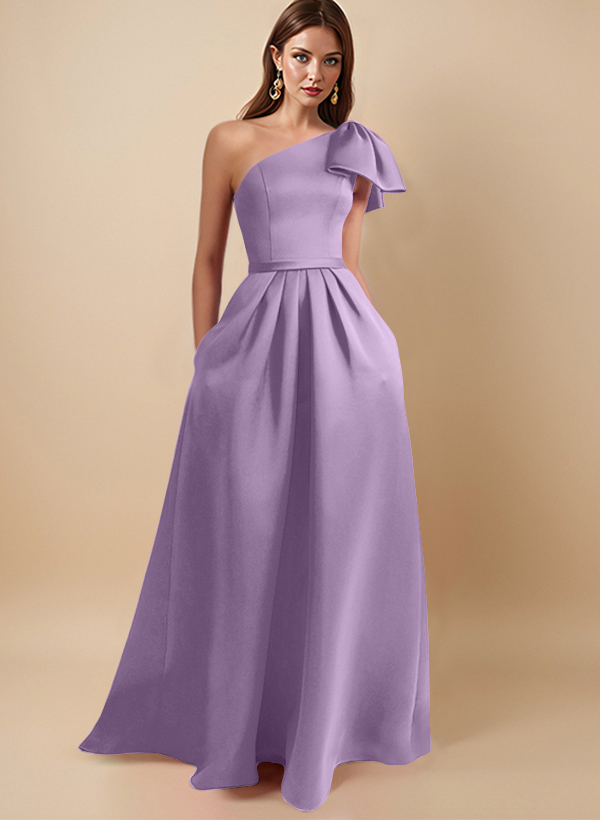 One-Shoulder A-Line Elegant Evening Dresses With Bow Sweep Train