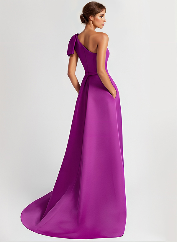 One-Shoulder A-Line Elegant Evening Dresses With Bow Sweep Train