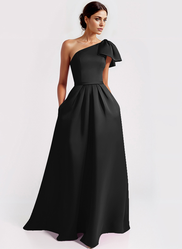 One-Shoulder A-Line Elegant Evening Dresses With Bow Sweep Train