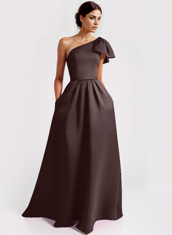 One-Shoulder A-Line Elegant Evening Dresses With Bow Sweep Train