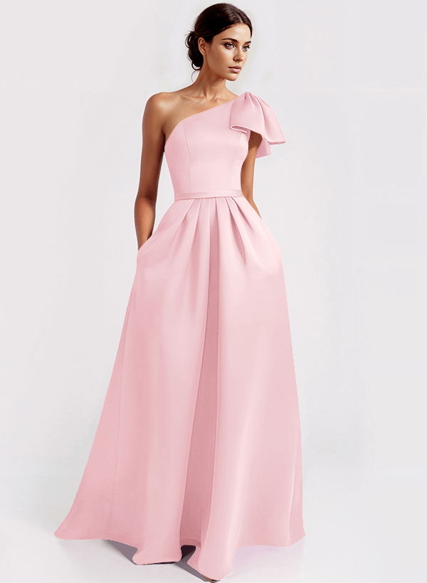One-Shoulder A-Line Elegant Evening Dresses With Bow Sweep Train