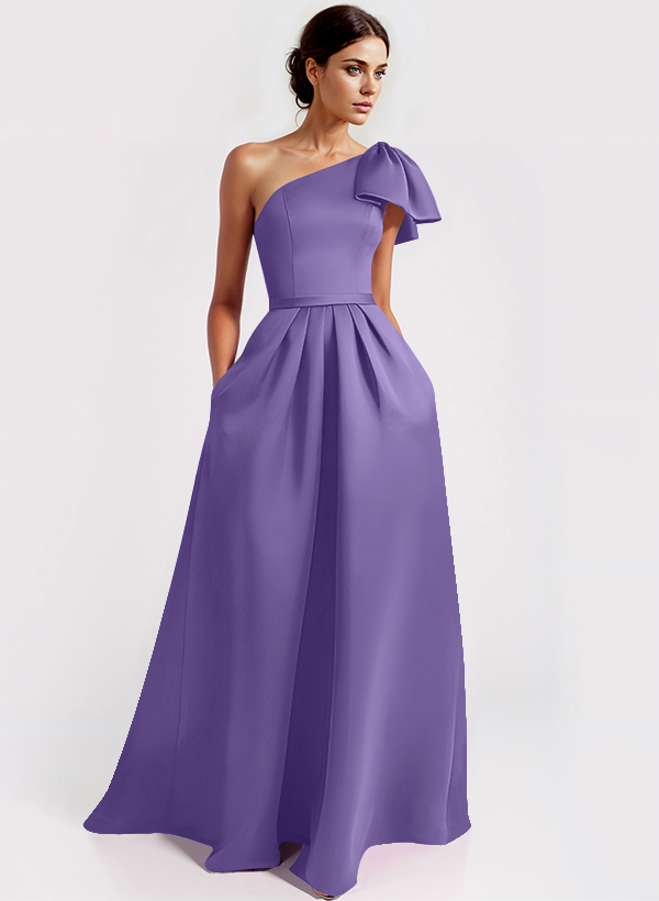 One-Shoulder A-Line Elegant Evening Dresses With Bow Sweep Train