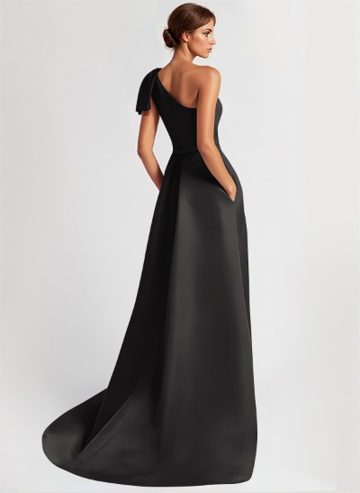 One-Shoulder A-Line Elegant Evening Dresses With Bow Sweep Train