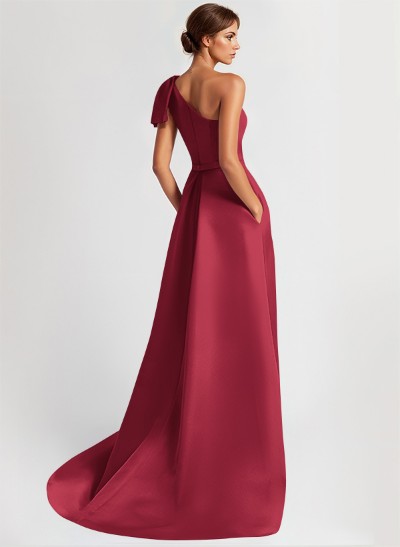 One-Shoulder A-Line Elegant Evening Dresses With Bow Sweep Train