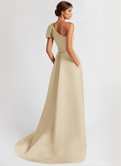 One-Shoulder A-Line Elegant Evening Dresses With Bow Sweep Train