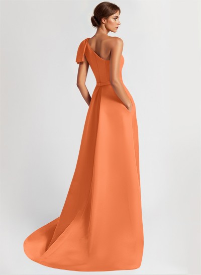 One-Shoulder A-Line Elegant Evening Dresses With Bow Sweep Train