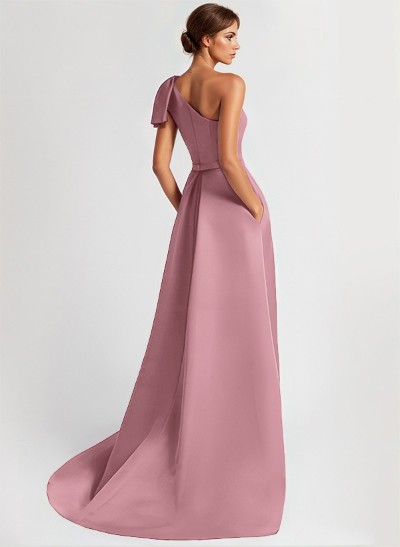 One-Shoulder A-Line Elegant Evening Dresses With Bow Sweep Train