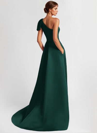 One-Shoulder A-Line Elegant Evening Dresses With Bow Sweep Train