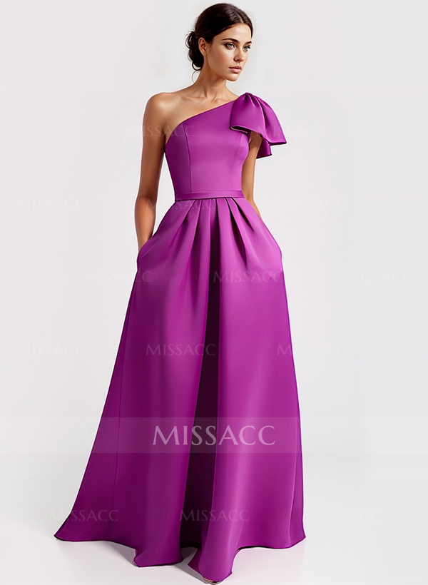 Unique Bow Accented One-Shoulder Ruched Wasit Satin Evening Dresses