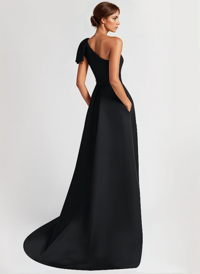 Unique Bow Accented One-Shoulder Ruched Wasit Satin Evening Dresses