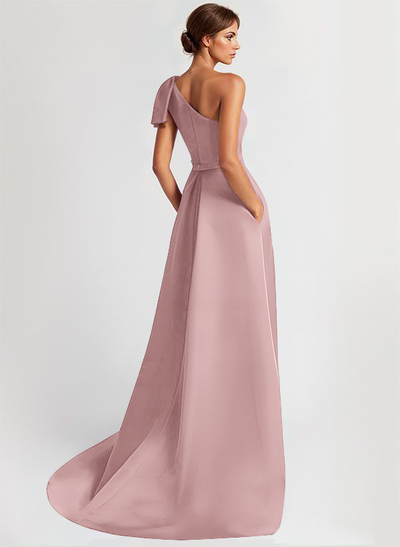 Unique Bow Accented One-Shoulder Ruched Wasit Satin Evening Dresses