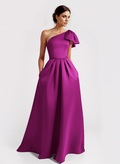 Unique Bow Accented One-Shoulder Ruched Wasit Satin Evening Dresses