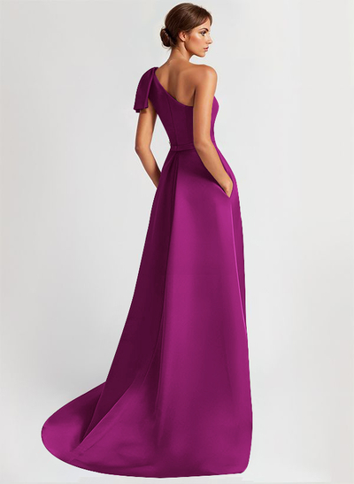 Unique Bow Accented One-Shoulder Ruched Wasit Satin Evening Dresses