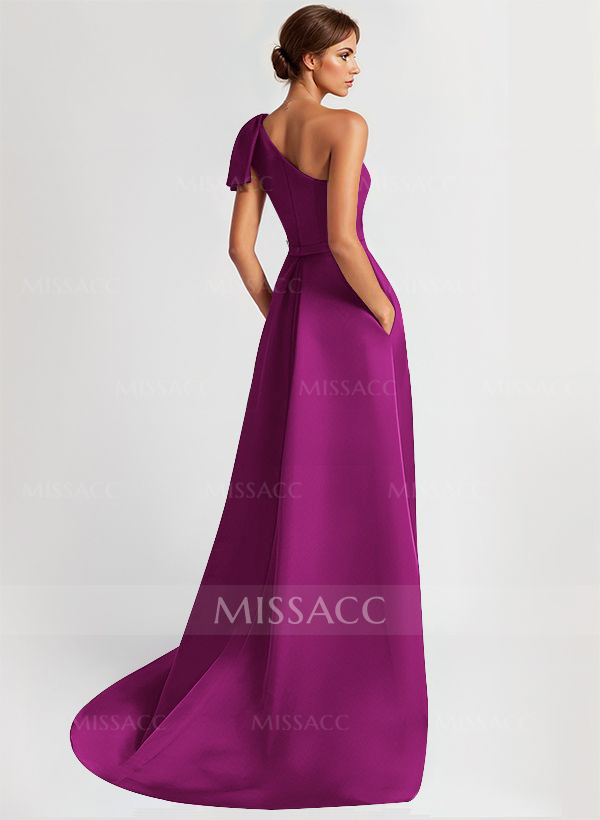 Unique Bow Accented One-Shoulder Ruched Wasit Satin Evening Dresses