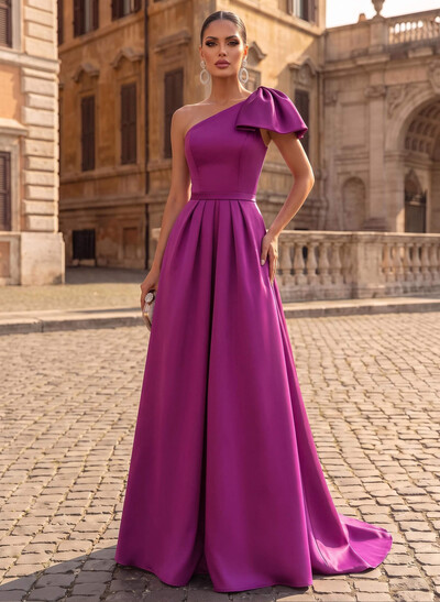 Unique Bow Accented One-Shoulder Ruched Wasit Satin Evening Dresses